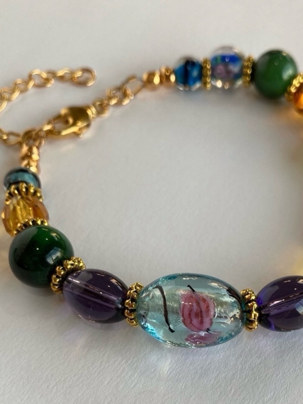 HAND CRAFTED Lampworked Glass & Czech Glass Bracelet Gold 7”
